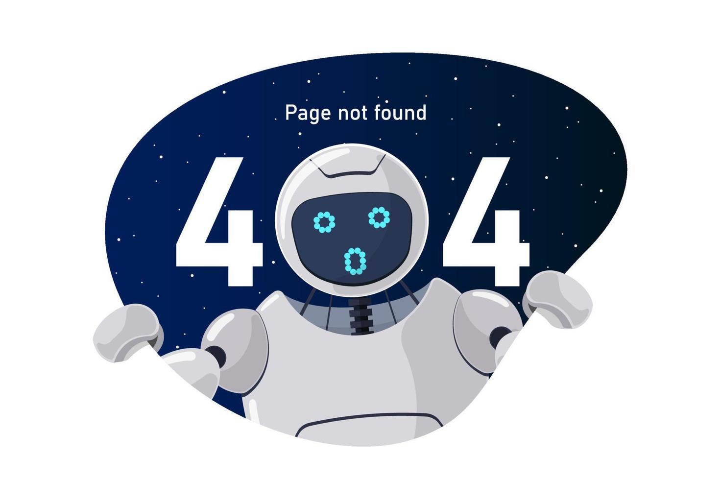 webbplatssidan hittades inte fel 404. oj orolig robotkaraktär som kikar ut ur rymden. webbplatskrasch på tekniskt arbete webbdesignmall med chatbot-maskot. tecknad online bot assistans misslyckande vektor