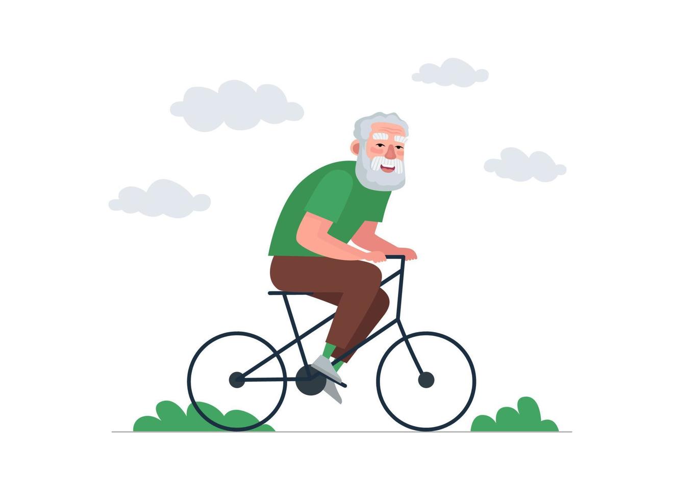 älterer mann spaß und fahrradfahren. älterer Mann fährt mit dem Fahrrad. alter bärtiger Mensch gesunder Aktivitätslebensstil. pensionierter Opa Radfahren. fröhlicher senior rentner freizeit. aktiver Großvater Vektor eps