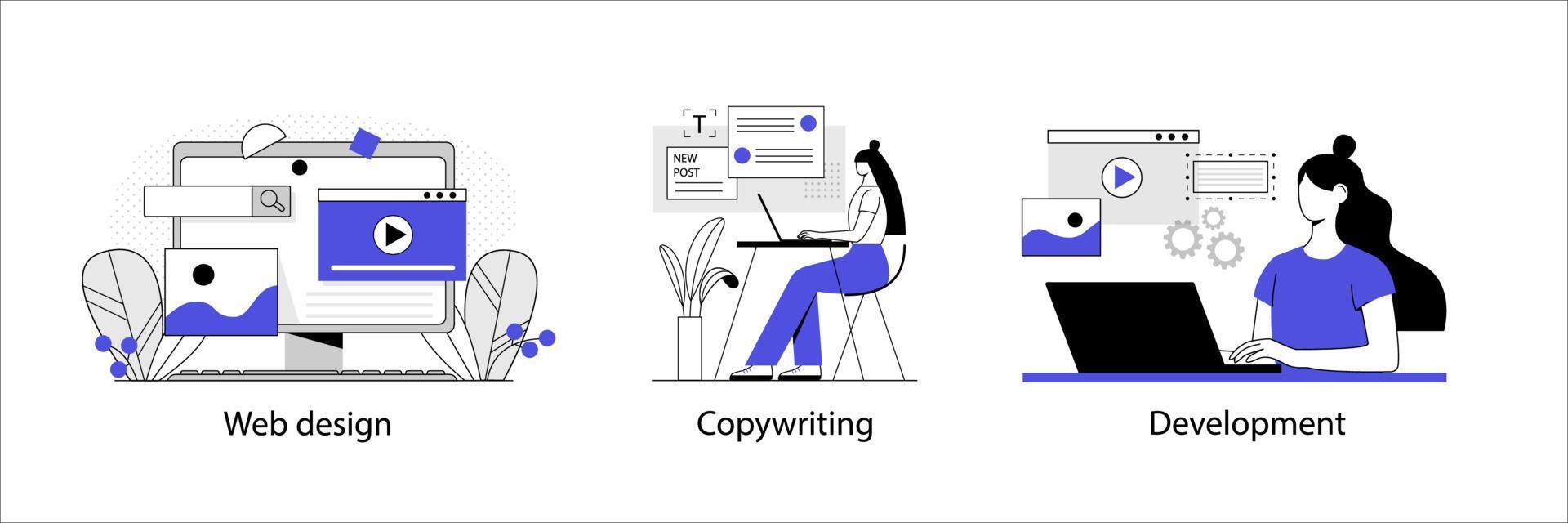 uppsättning koncept på temat copywriting, cms-utveckling, webbdesign. tecken i blått. vektor