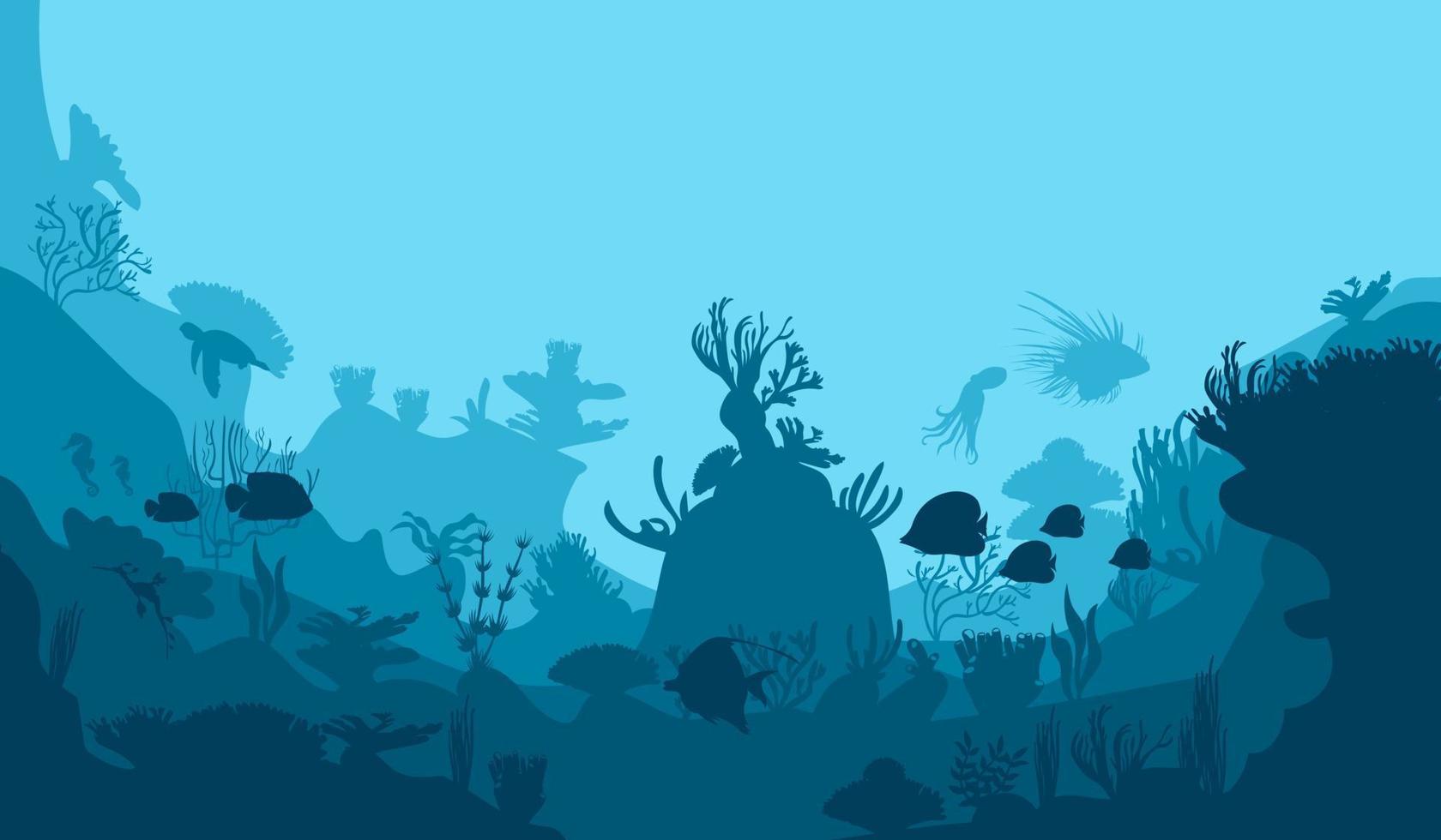 Unterwasserwelt. Korallenriffe. tropisches meer mit wassermimikry und seinen bewohnern. Silhouette von Fischen. Vektor. vektor