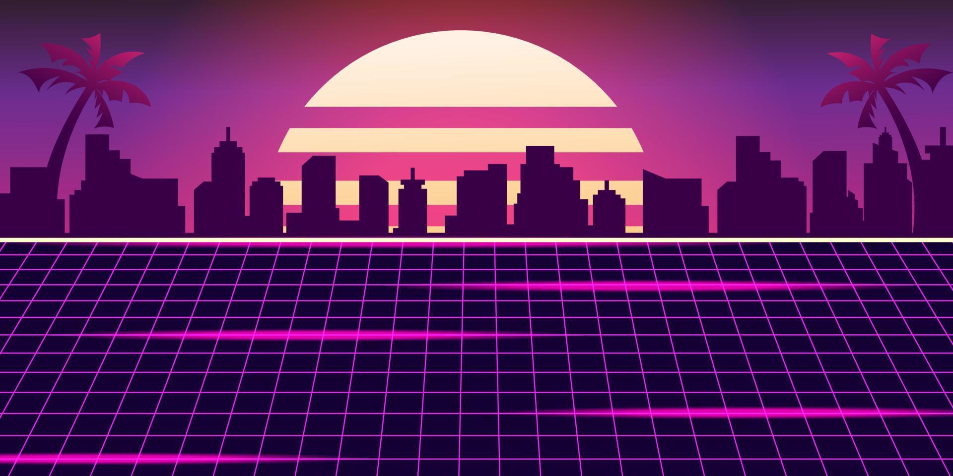 Retro-futuristisches Nachtstadtbild im Retro-Stil mit Sonnenuntergang im Hintergrund. Vektor-Illustration. vektor