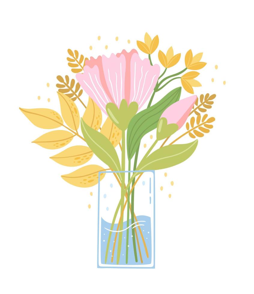 handgezeichneter Cartoon-Blumenstrauß in einer Vase auf weißem Hintergrund. hübsche Blumenillustration für Karten und Poster. saisonales Design mit Sommerblumen. vektor