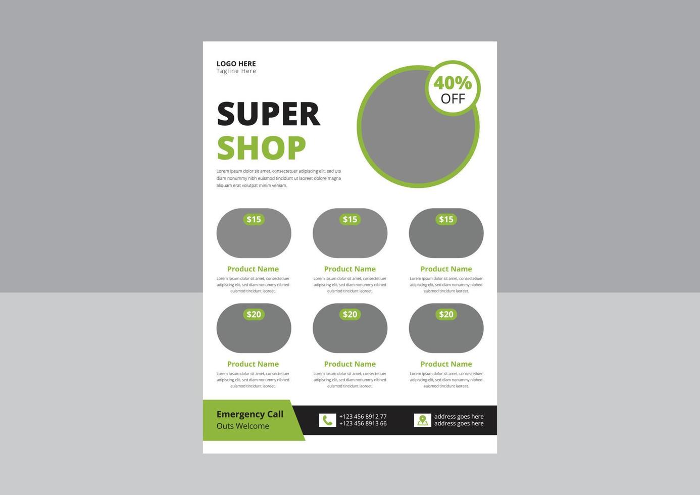 Super-Shop-Flyer-Design. Super-Sale-Flyer-Plakat-Broschürenvorlage. Flyer-Design für den Supermarkt-Verkauf. Cover, Größe A4, Flyer-Design. vektor