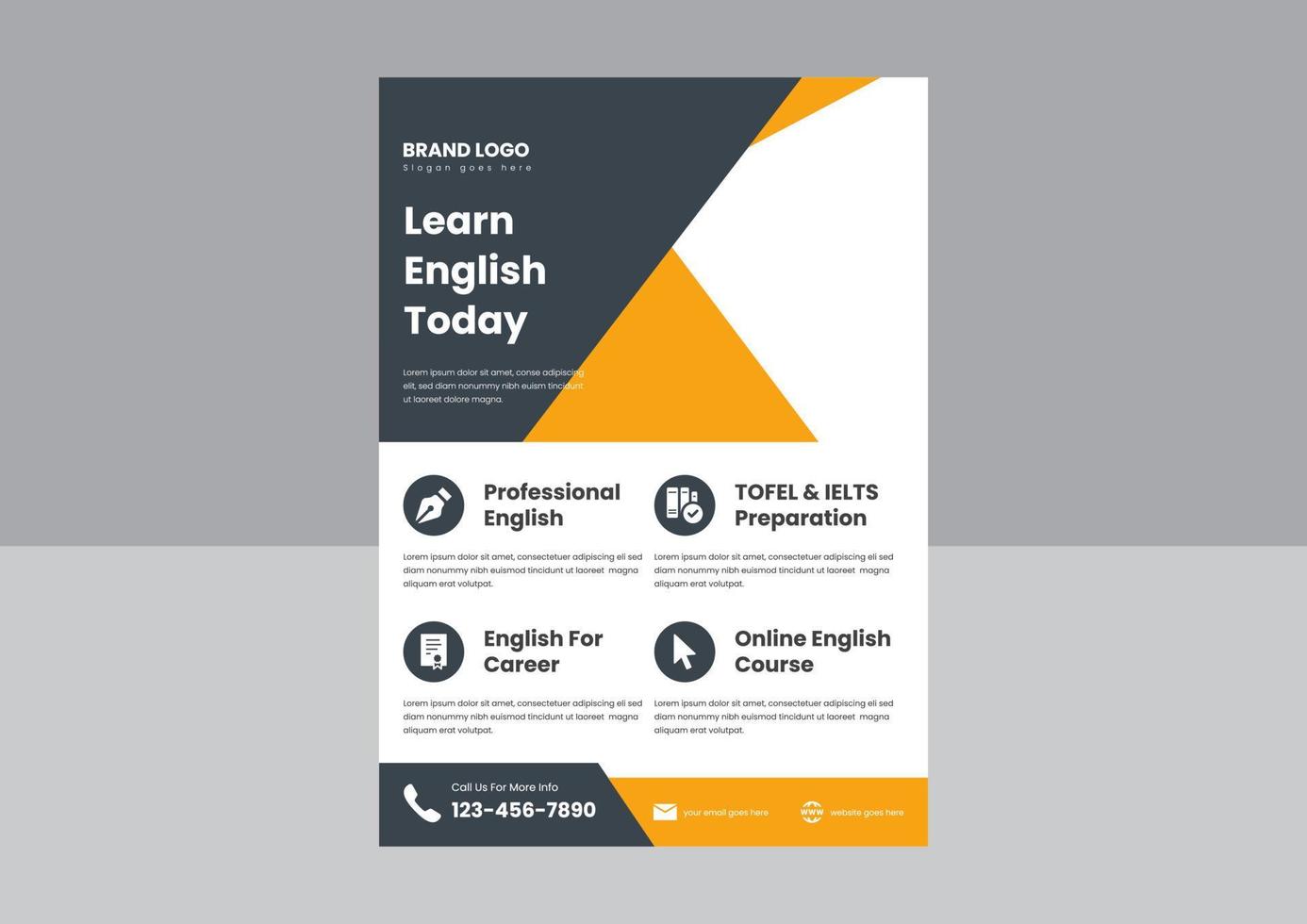 Online-Flyer-Design Englisch lernen. Flyer-Design für Englisch-Sprachkurse. Poster-Flyer für den besten Englisch-Sprachkurs. vektor