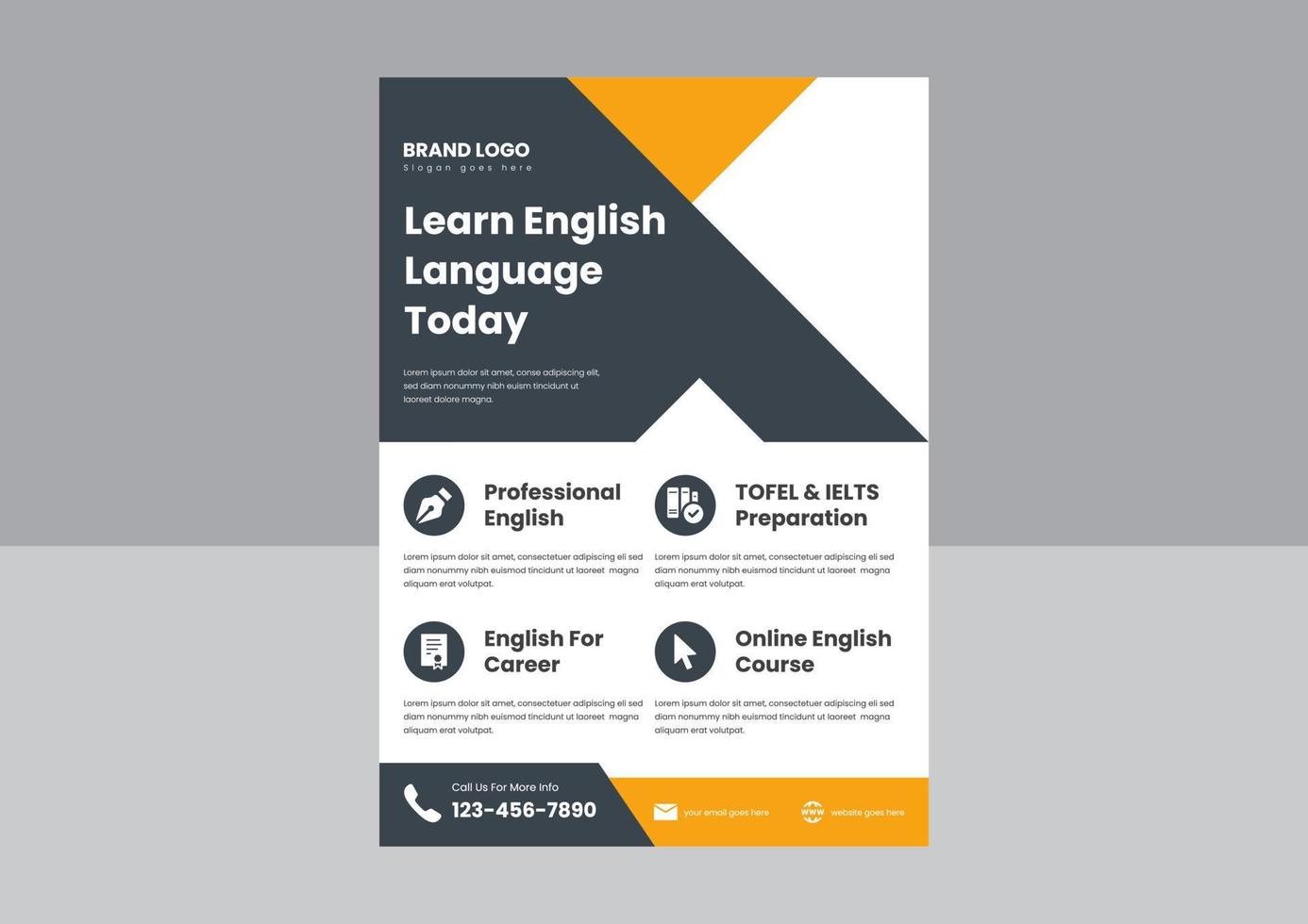 Online-Flyer-Design Englisch lernen. Flyer-Design für Englisch-Sprachkurse. Poster-Flyer für den besten Englisch-Sprachkurs. vektor
