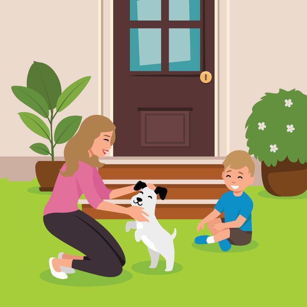 barn pojke och kvinna leker med sin hund i vardagsrummet. platt vektorillustration konst med soffan i bakgrunden vektor