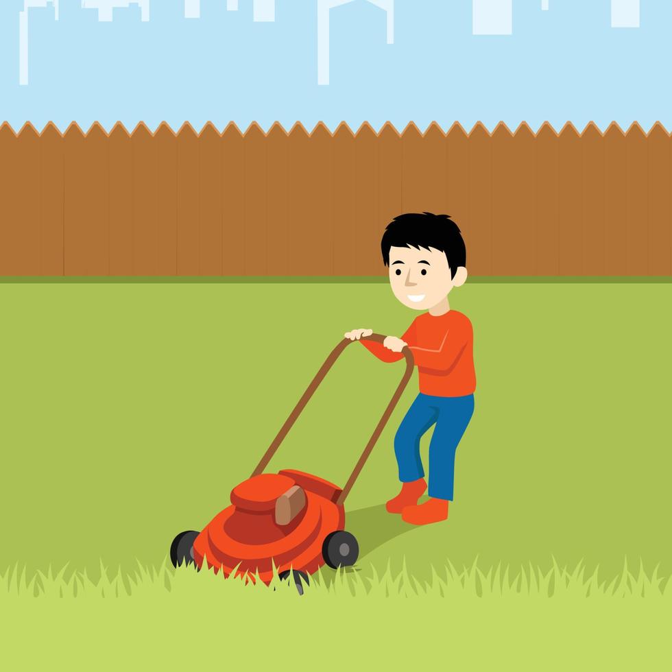 vektorillustration av en pojke som klipper gräs med gräsklipparen isolerad på vit bakgrund. söt unge gör trädgårdsarbete. våren trädgårdsarbete aktivitet bild med rolig karaktär vektor