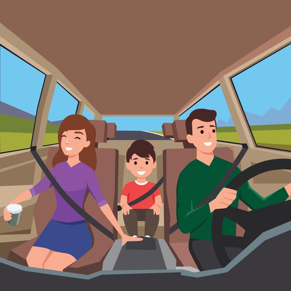 Familie fährt zu einem Roadtrip. Blick aus dem Innenraum des Autos mit Vater, Mutter und ihrem Sohn, die glücklich sitzen und Sicherheitsgurte tragen. flache vektorillustration vektor