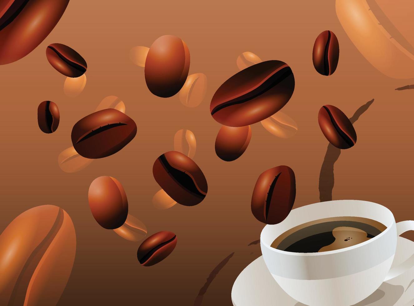 realistiska kaffebönor och en kopp kaffe vektor