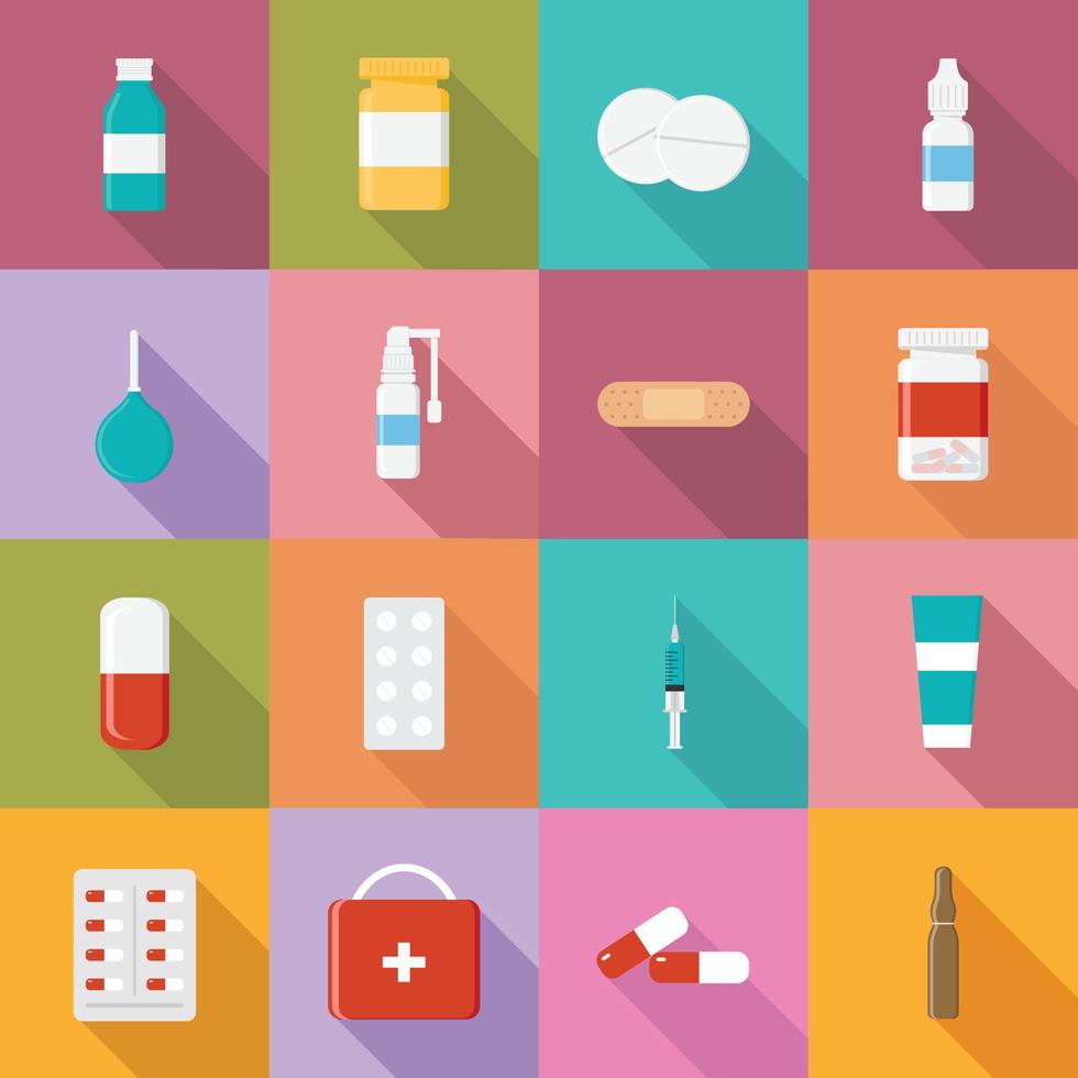 uppsättning medicinska ikoner med mediciner, medicinska förnödenheter, produkter. illustration av piller, kapslar, spruta, burkar, lavemang, första hjälpen-kit, näsdroppar, halsspray. vektor