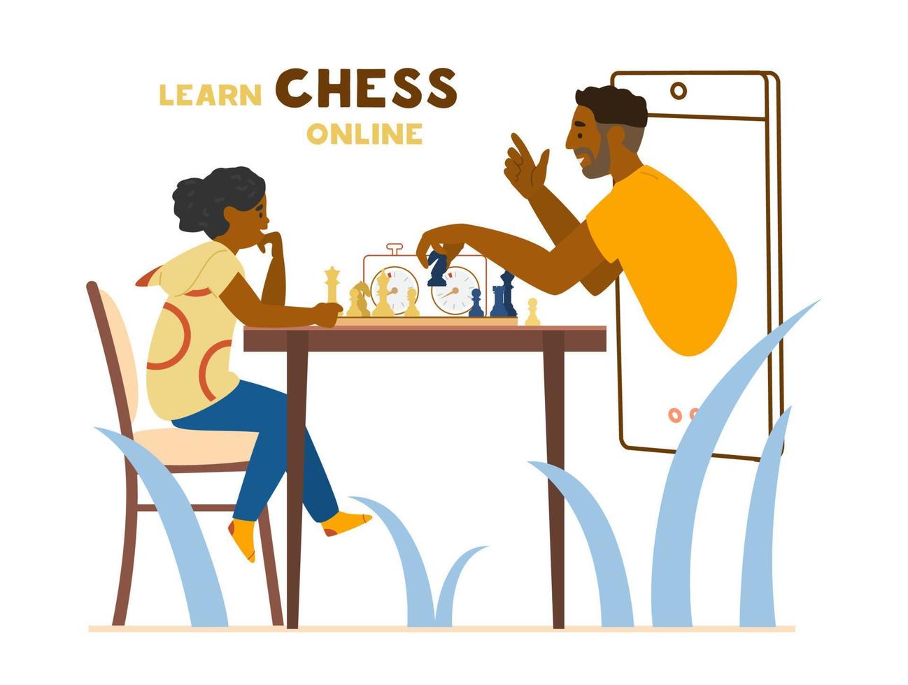 Online-Schach-Bildungskonzept. Afroamerikanisches Mädchen, das mit Schachbrett und Schachtimer am Tisch sitzt. Lehrer, der Ritter hält, zeigt, wie man vom Smartphone spielt. Vektor-Illustration. vektor