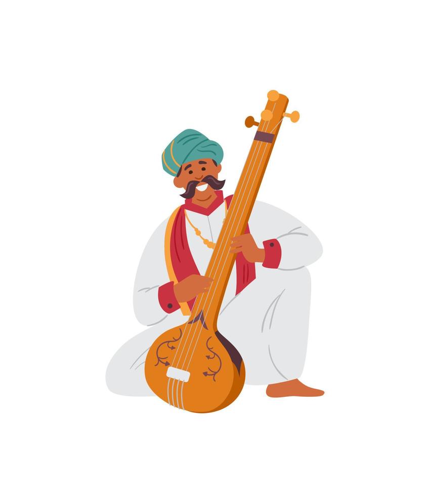 indischer mann im turban, der traditionelles saitenmusikinstrument tampura spielt. Vektor-Illustration. isoliert auf weiß. vektor