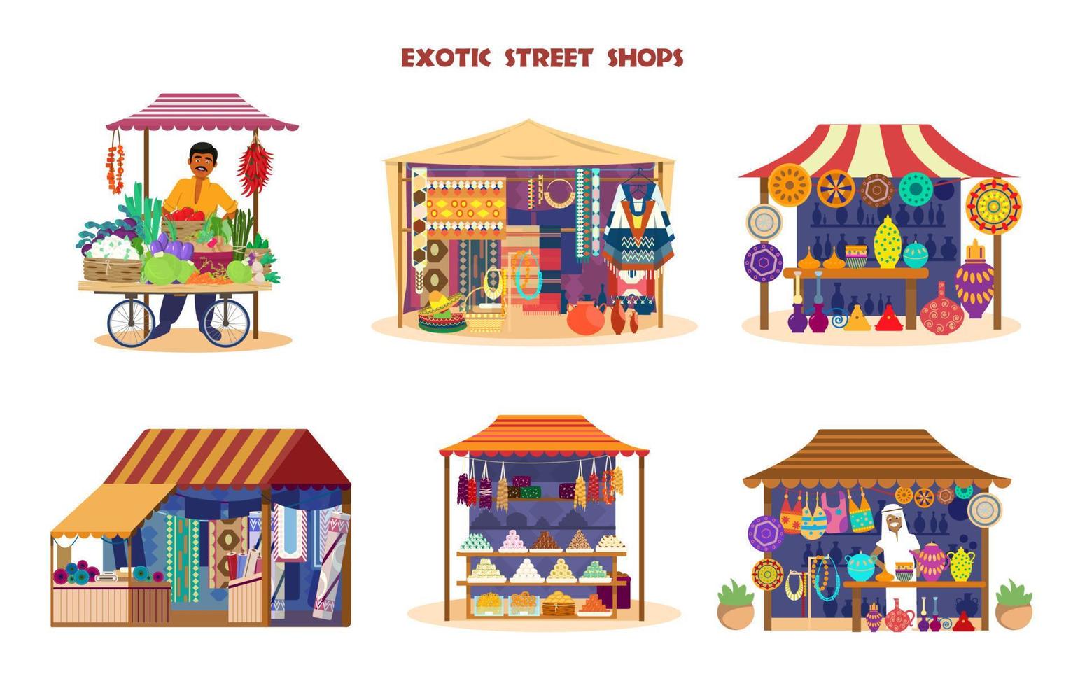 vektor uppsättning exotiska gatubutiker. asiatiska marknaden. grönsaksvagn med köpman, keramikaffär, tyg- och mattaffär, asiatiska godis, mexikanska souvenirer. mässstånd.