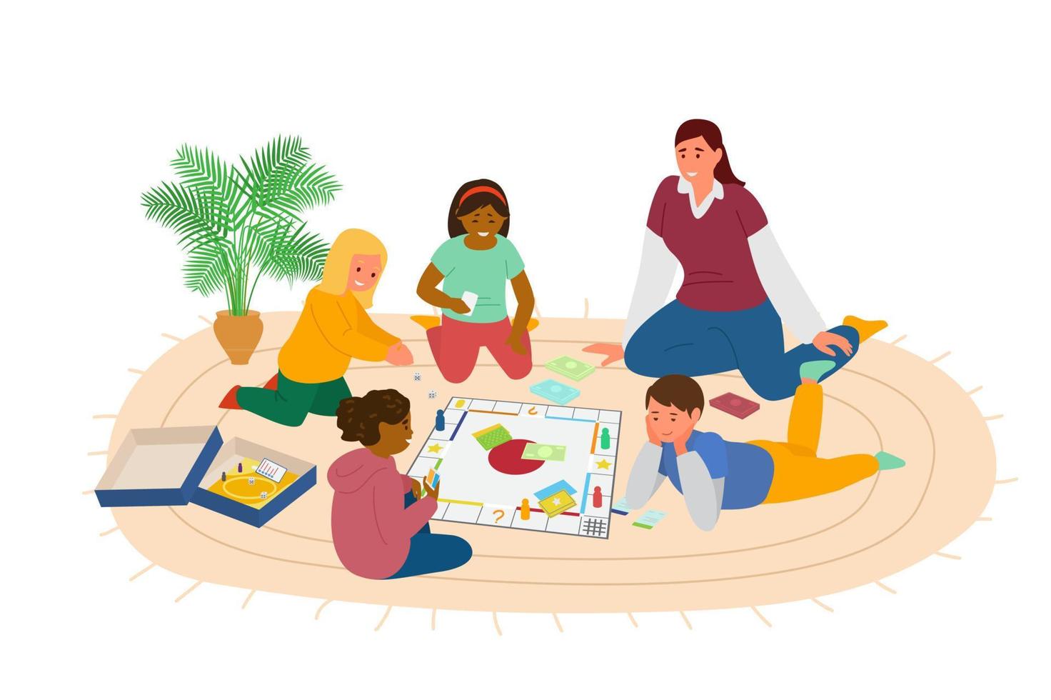 Kinder spielen Brettspiel auf dem Boden im Kindergarten. Spielzimmer mit Lehrer und Kindern. Vektor-Illustration. isoliert auf weiß. vektor