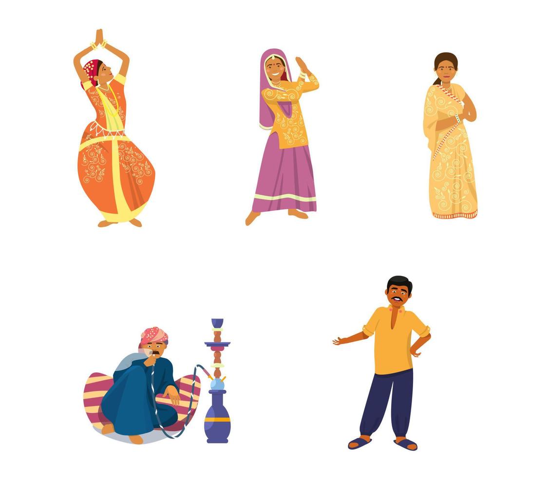 vektor uppsättning indiska tecken. kvinnor som dansar i traditionella klänningar, man röker vattenpipa. platt tecknad stil.