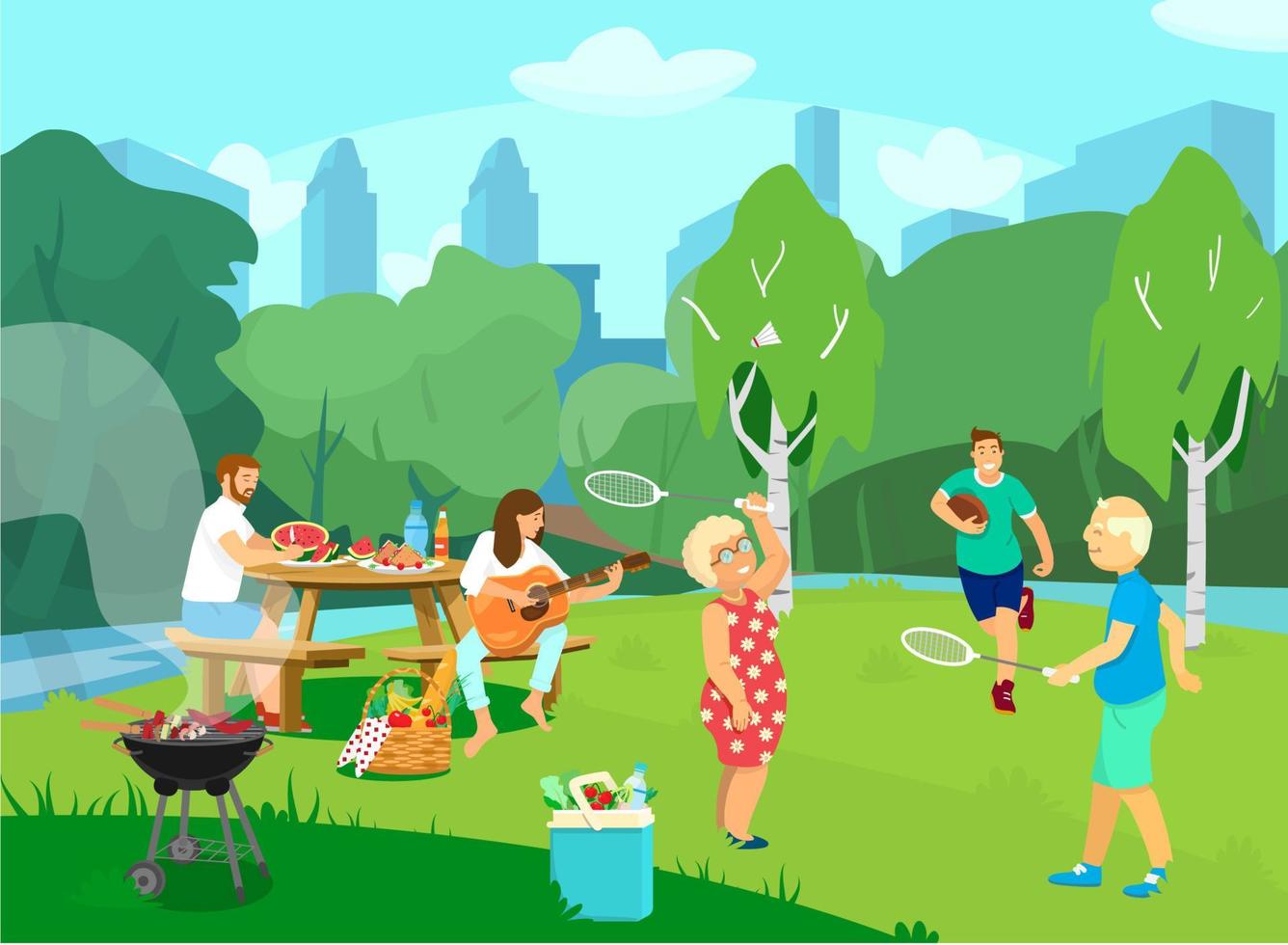 vektor illustration av parken csene med människor som har picknick och grill, spelar rugby, badminton. gammalt par som spelar badminton. kvinna som spelar gitarr. picknickkorg, kylväska med mat.