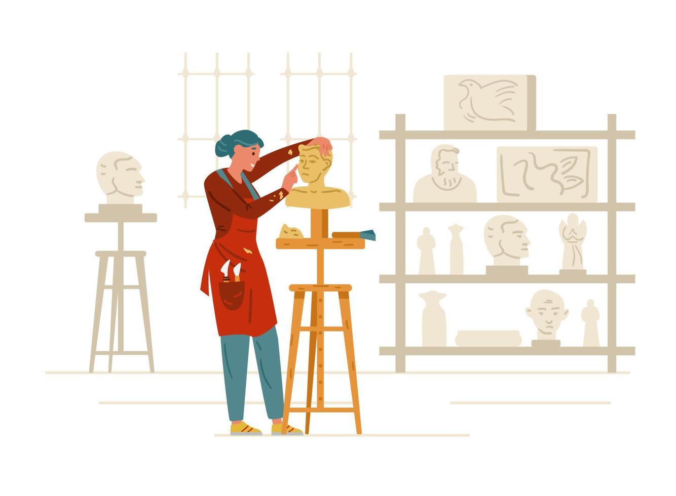 Bildhauerin, die Statue im Werkstattinnenraum herstellt. handwerkliche weibliche Charaktervektorillustration. vektor