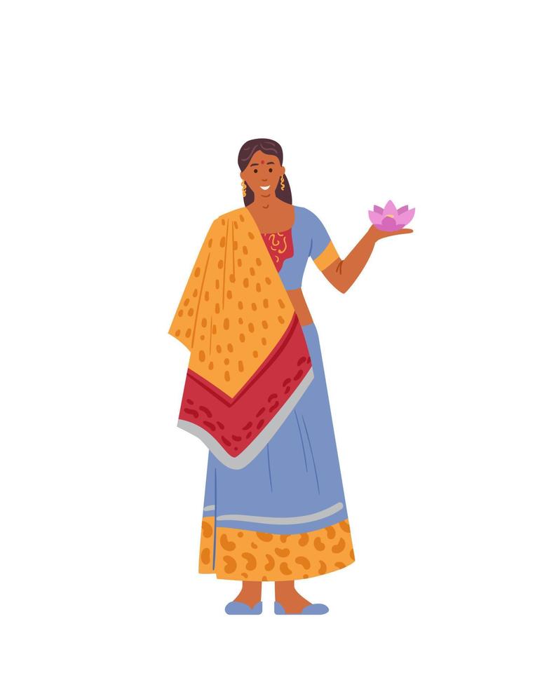 indische Frau in traditioneller Kleidung mit Lotusblüte. Vektorillustration. isoliert auf weiß. vektor