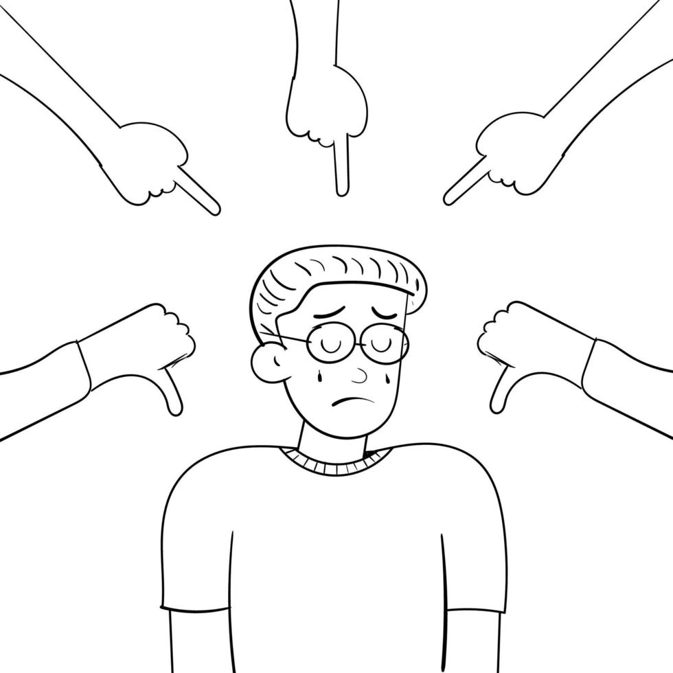 handgezeichnete skizze eines gemobbten jungen mannes mit brille vektor