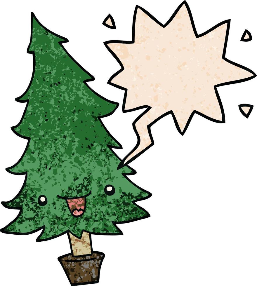 süßer Cartoon-Weihnachtsbaum und Sprechblase im Retro-Textur-Stil vektor
