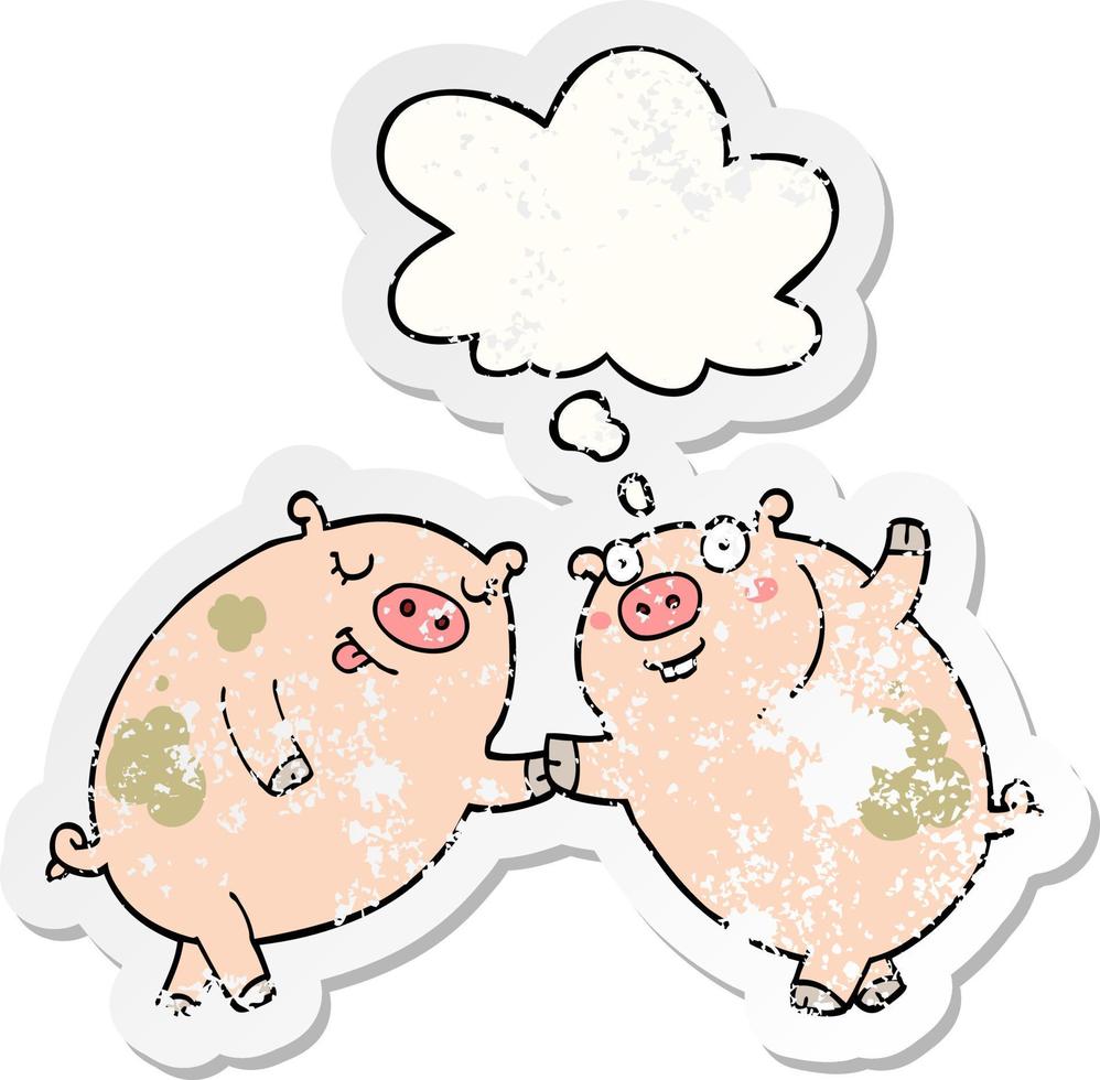Cartoon-Schweine tanzen und Gedankenblase als beunruhigter, abgenutzter Aufkleber vektor