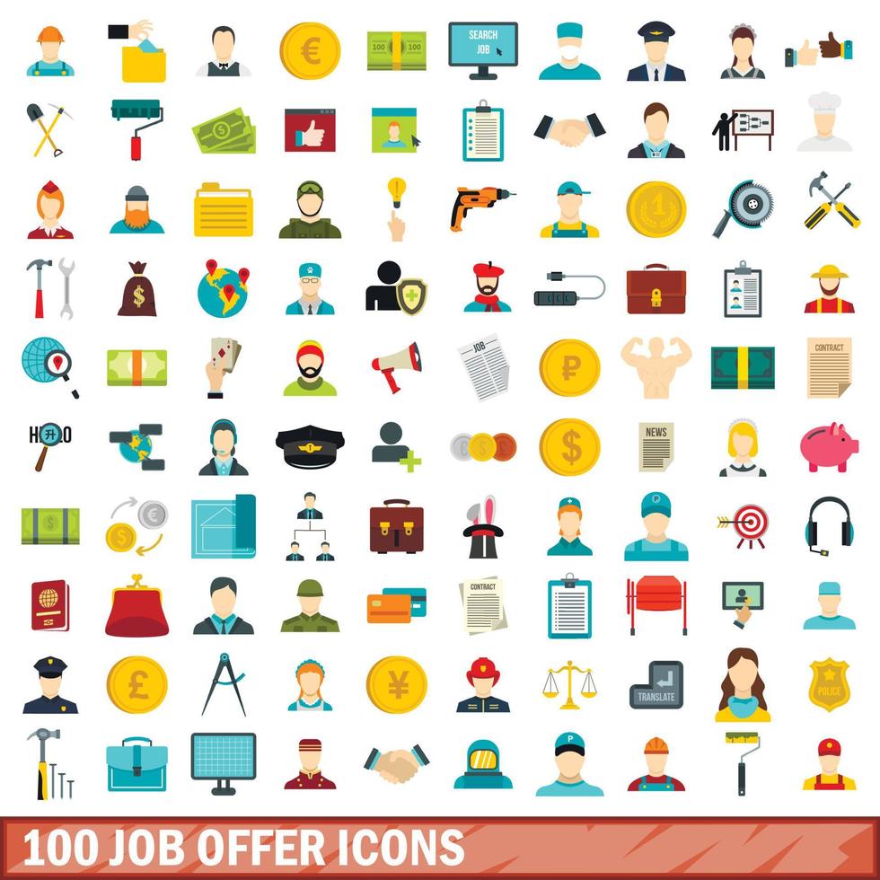 100 jobberbjudande ikoner set, platt stil vektor