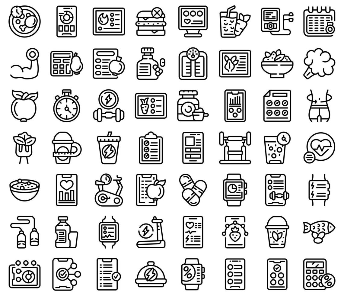 Diät-App-Symbole setzen Umrissvektor. Fetter Plan vektor