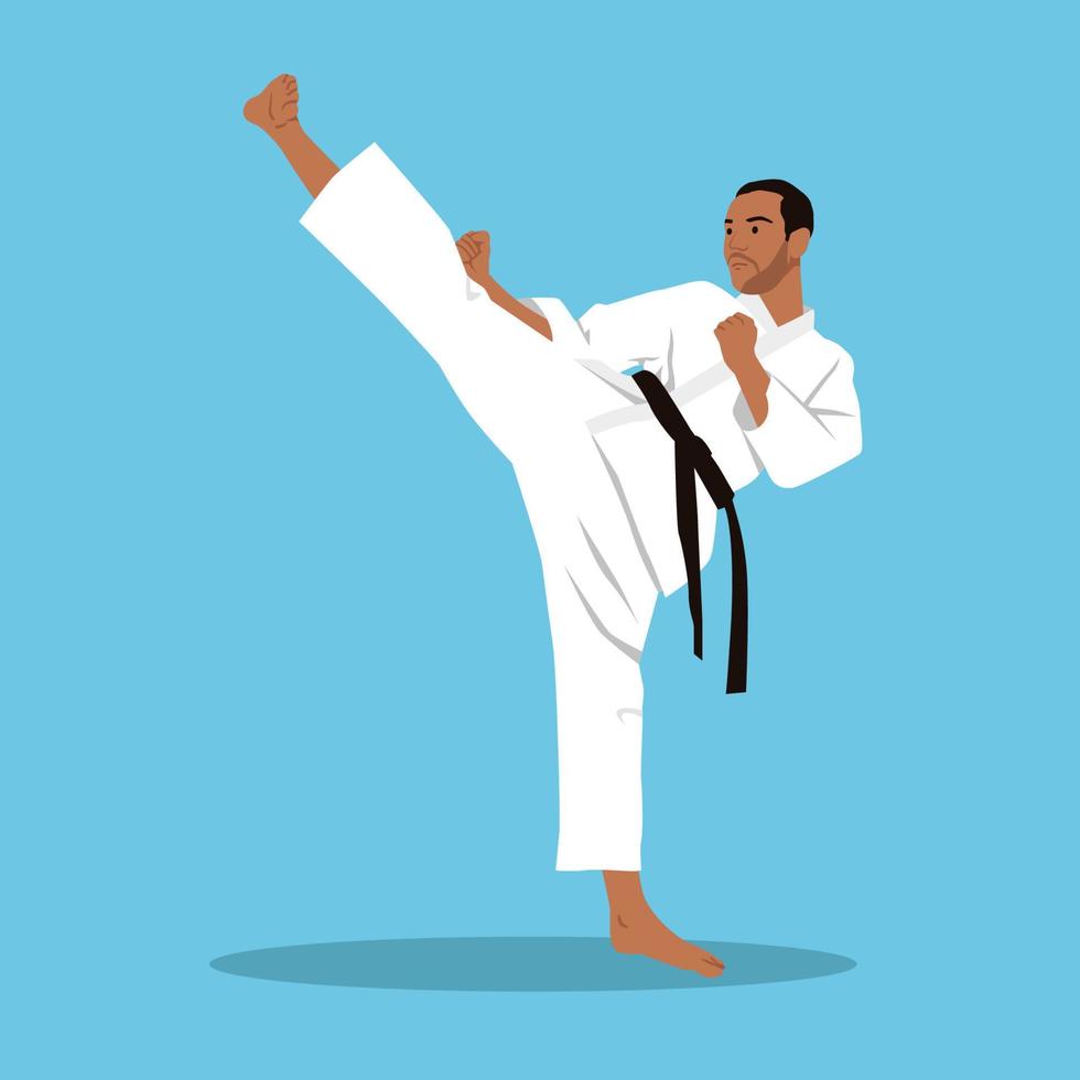 Mann macht High Kicks Karate Martial Arts flache Vektorgrafiken einzeln auf Hintergrund vektor
