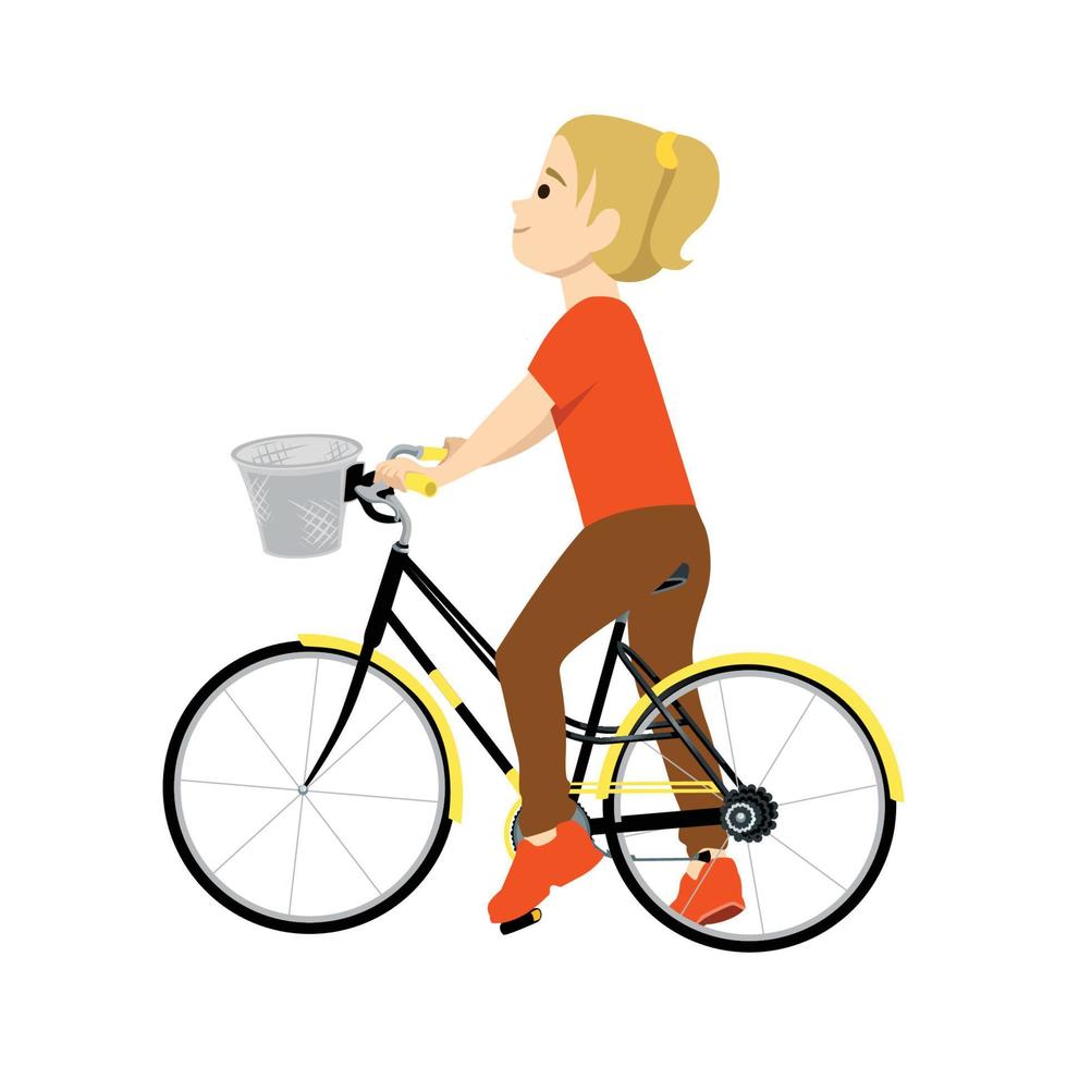 Kleines Mädchen, das auf einem Fahrrad mit einem Bein steht und von der flachen Vektorillustration der Seitenansicht lächelt, die auf weißem Hintergrund lokalisiert wird vektor
