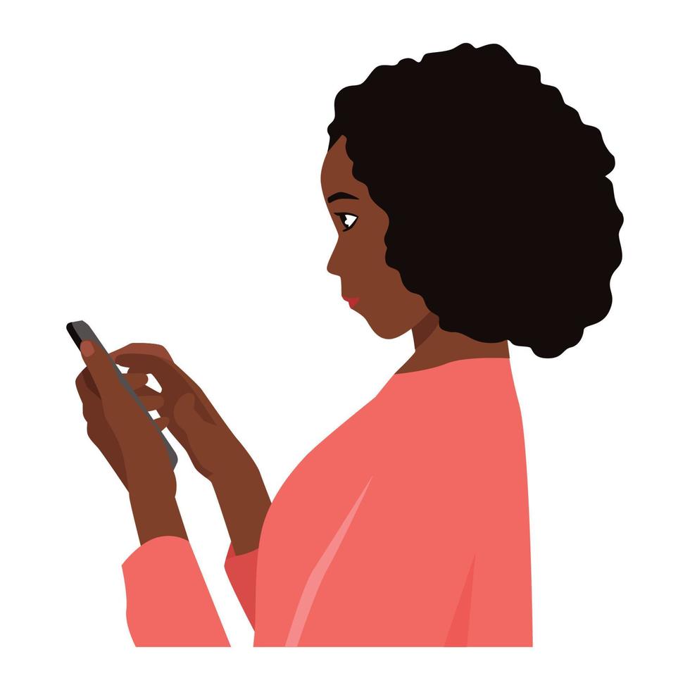 ung afroamerikansk kvinna att skriva på sin telefon. sidovy platt vektorillustration vektor