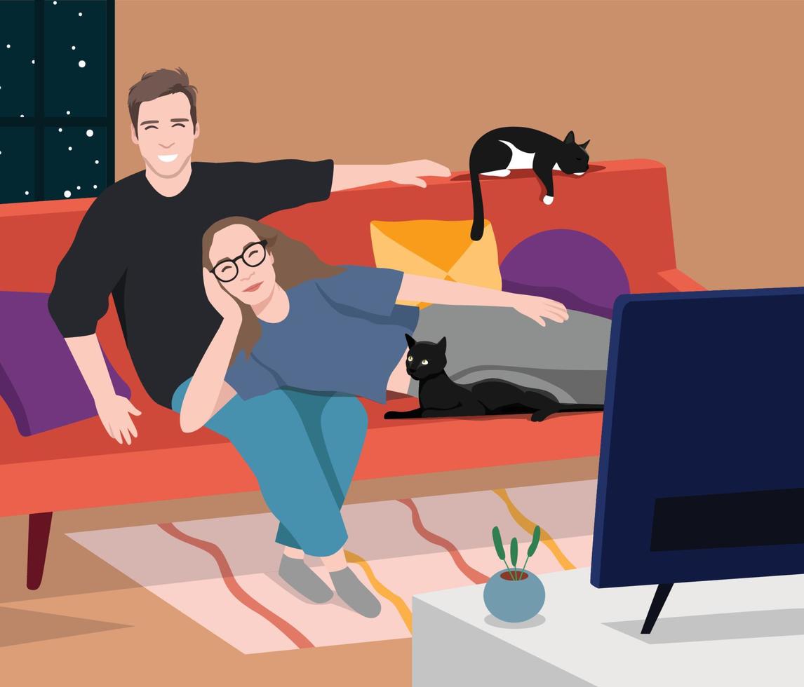 paar entspannen und fernsehen im wohnzimmer in der nacht. flache illustration des filmdatums vektor