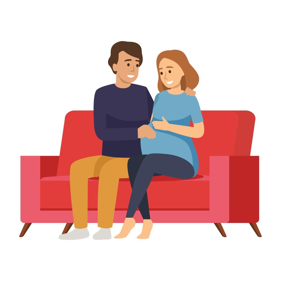 Vektorgrafik eines Mannes, der schwangere Frau auf einer Couch umarmt. Konzept des glücklichen Paars in einem flachen Stil vektor