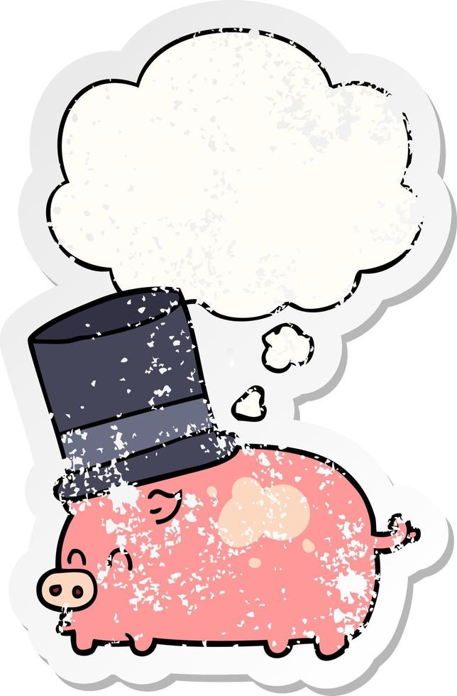 tecknad gris med hög hatt och tankebubbla som en nödställd sliten klistermärke vektor