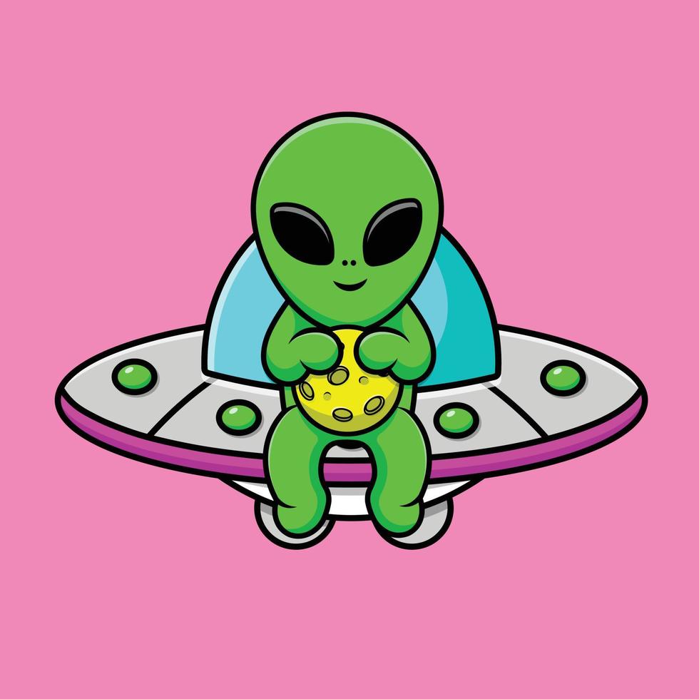 niedlicher alien, der mond auf ufo-cartoon-vektorsymbolillustration hält. Symbolkonzept für Wissenschaftstechnologie isolierter Premium-Vektor. vektor