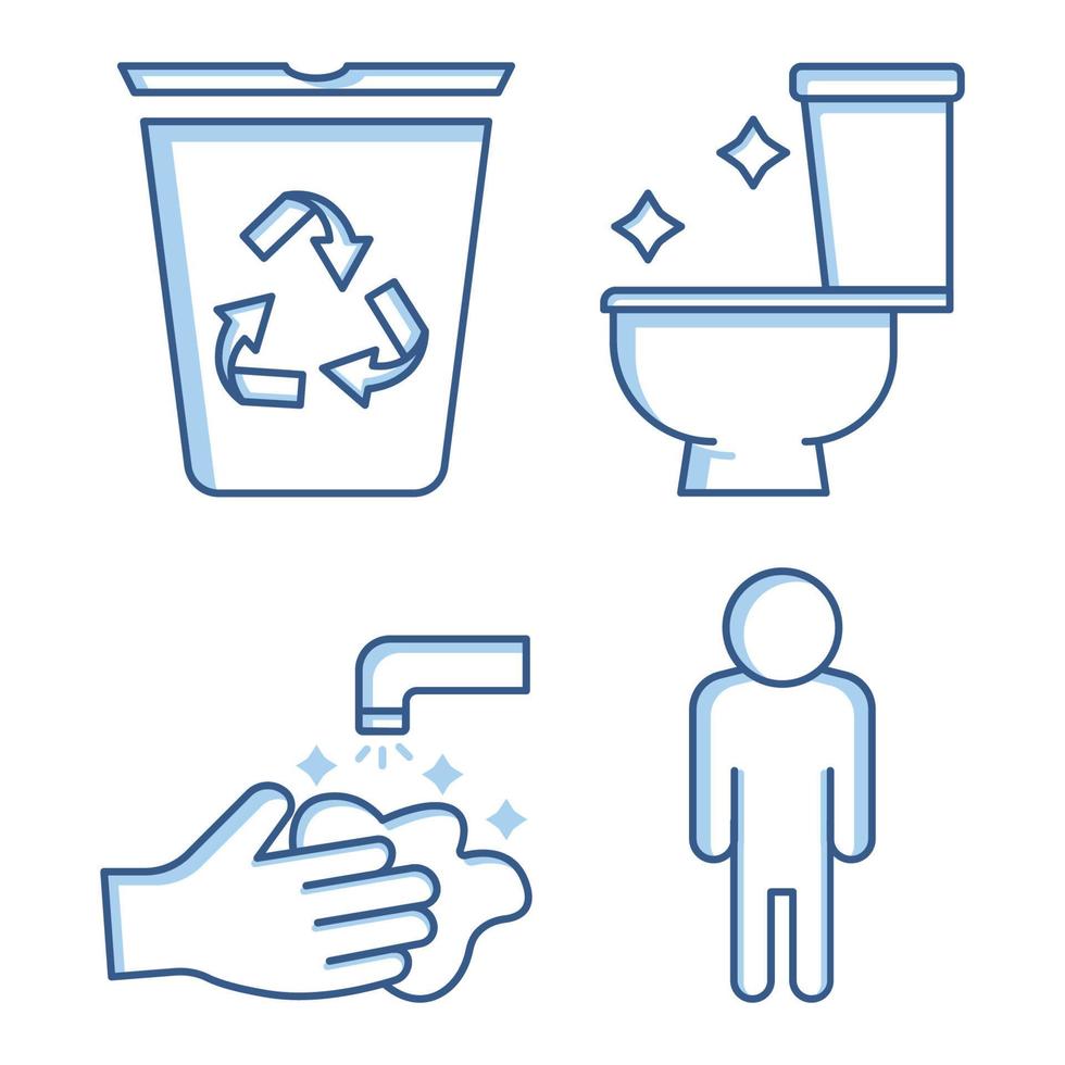 badrum set ikon. innehåller sådana ikoner som soptunna, toalett, tvätta händer, människor. två ton ikon stil. enkel design redigerbar vektor