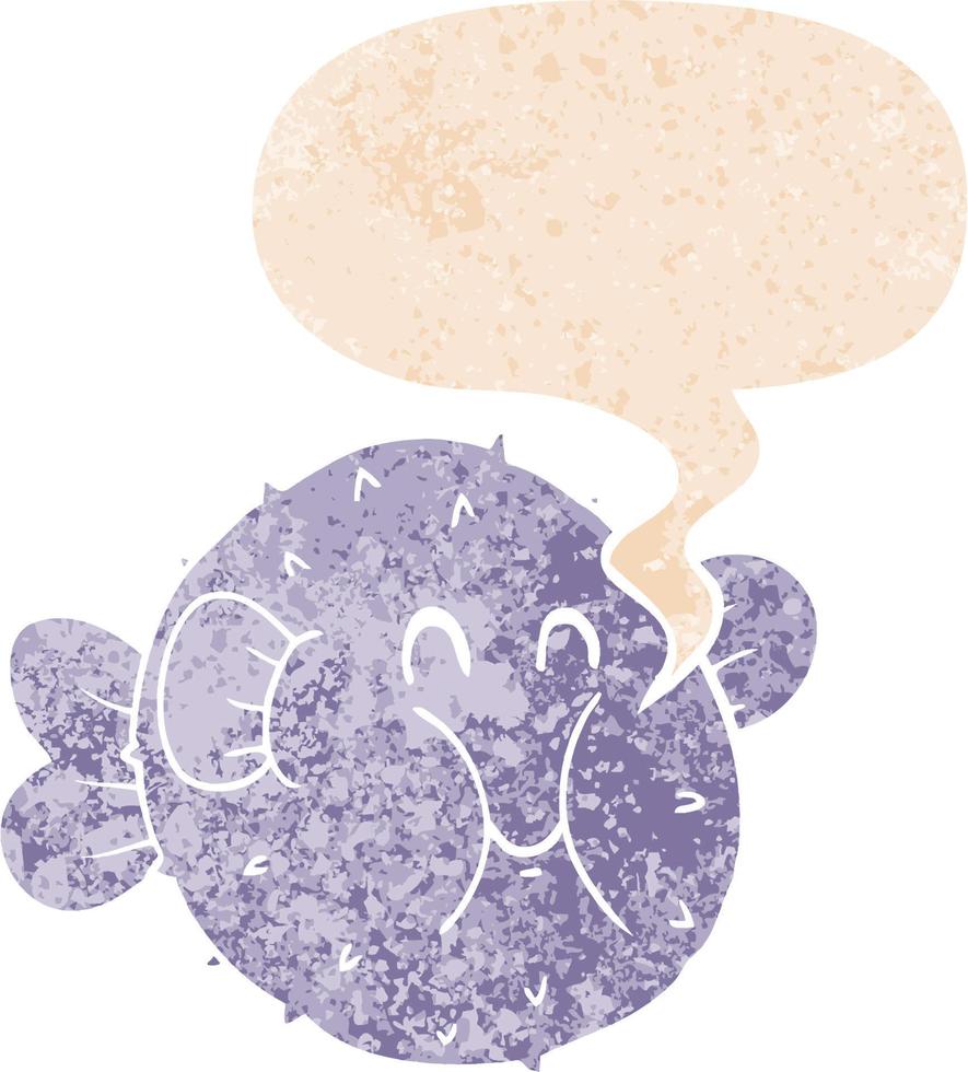 tecknad puffer fisk och pratbubbla i retro texturerad stil vektor