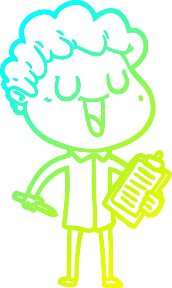 Kalte Gradientenlinie Zeichnung lachender Cartoon-Mann mit Klemmbrett und Stift vektor