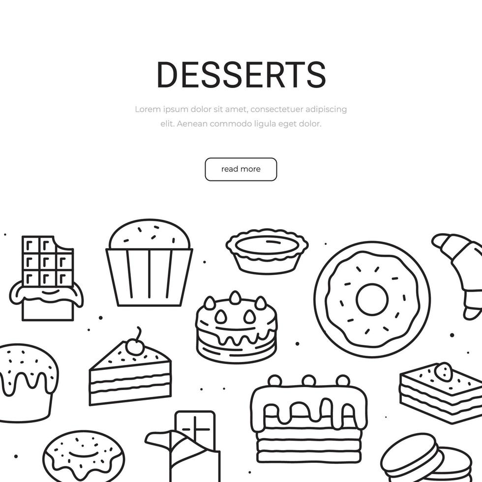 uppsättning desserter. banner mall. enkel söt mat illustration. vektor