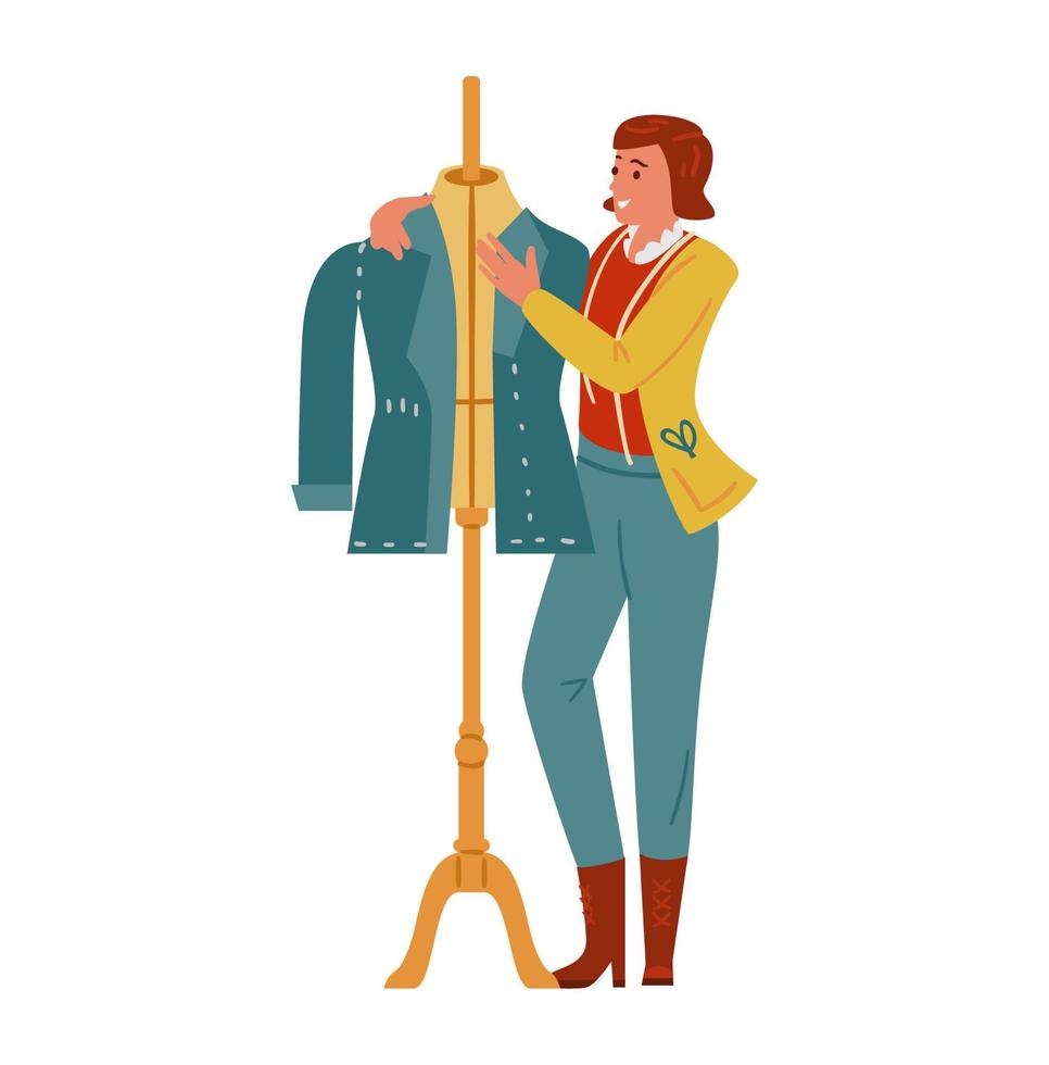 schneiderin oder modedesignerin in der nähe von mannequin, die jacke herstellt. flache vektorillustration. isoliert auf weiß. vektor