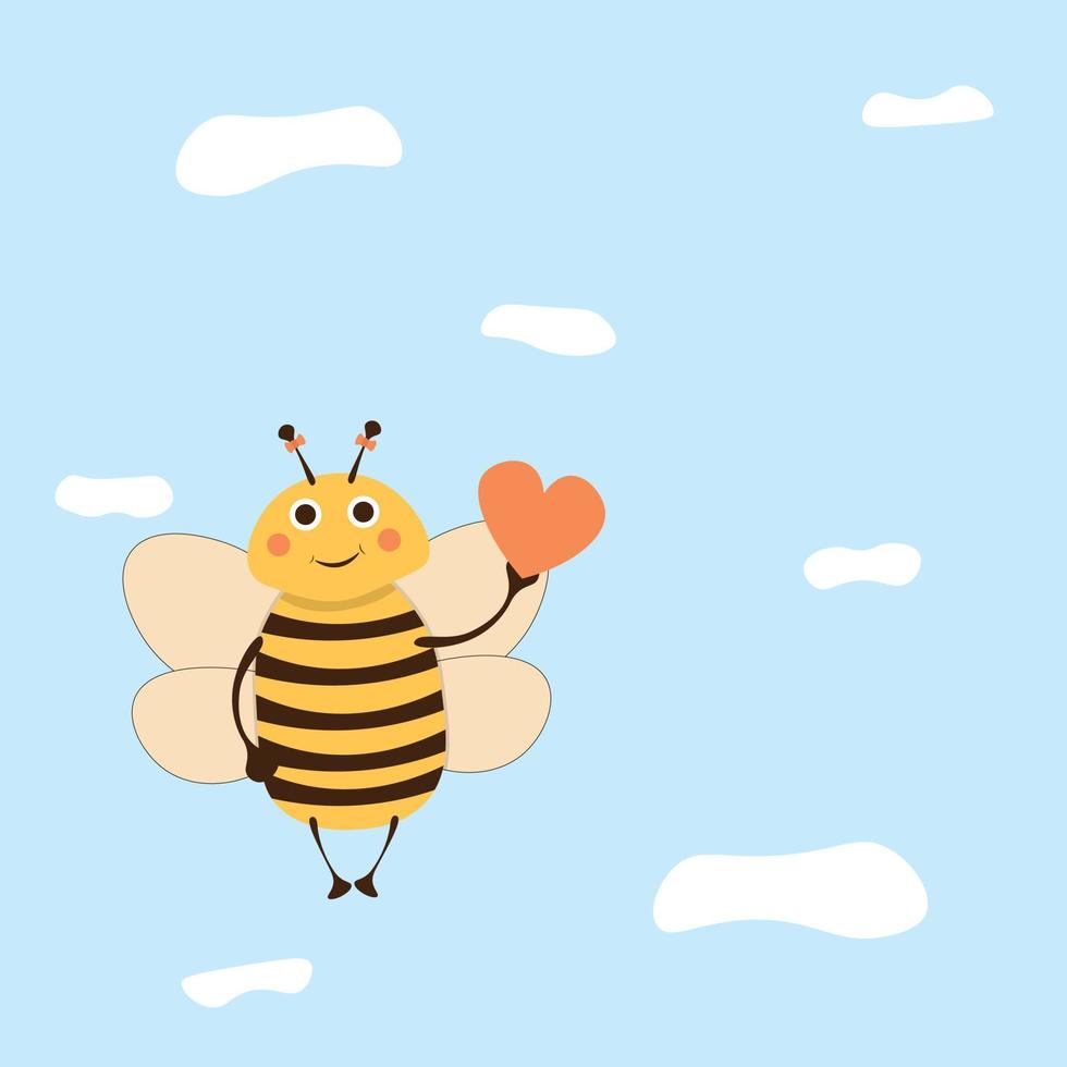 söta honungsbi som håller rött hjärta, härlig flygande insekt karaktär tecknad vektorillustration vektor