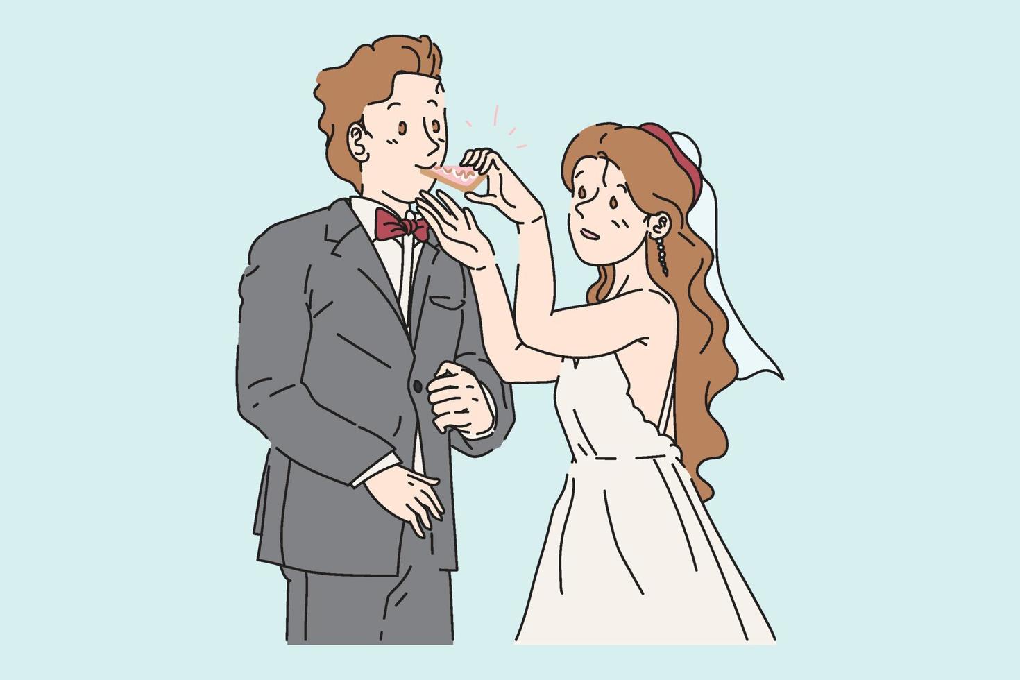 bröllop tecknad grafik, par gifta handritad grafisk vektorillustration på mjuk ton färg vektor