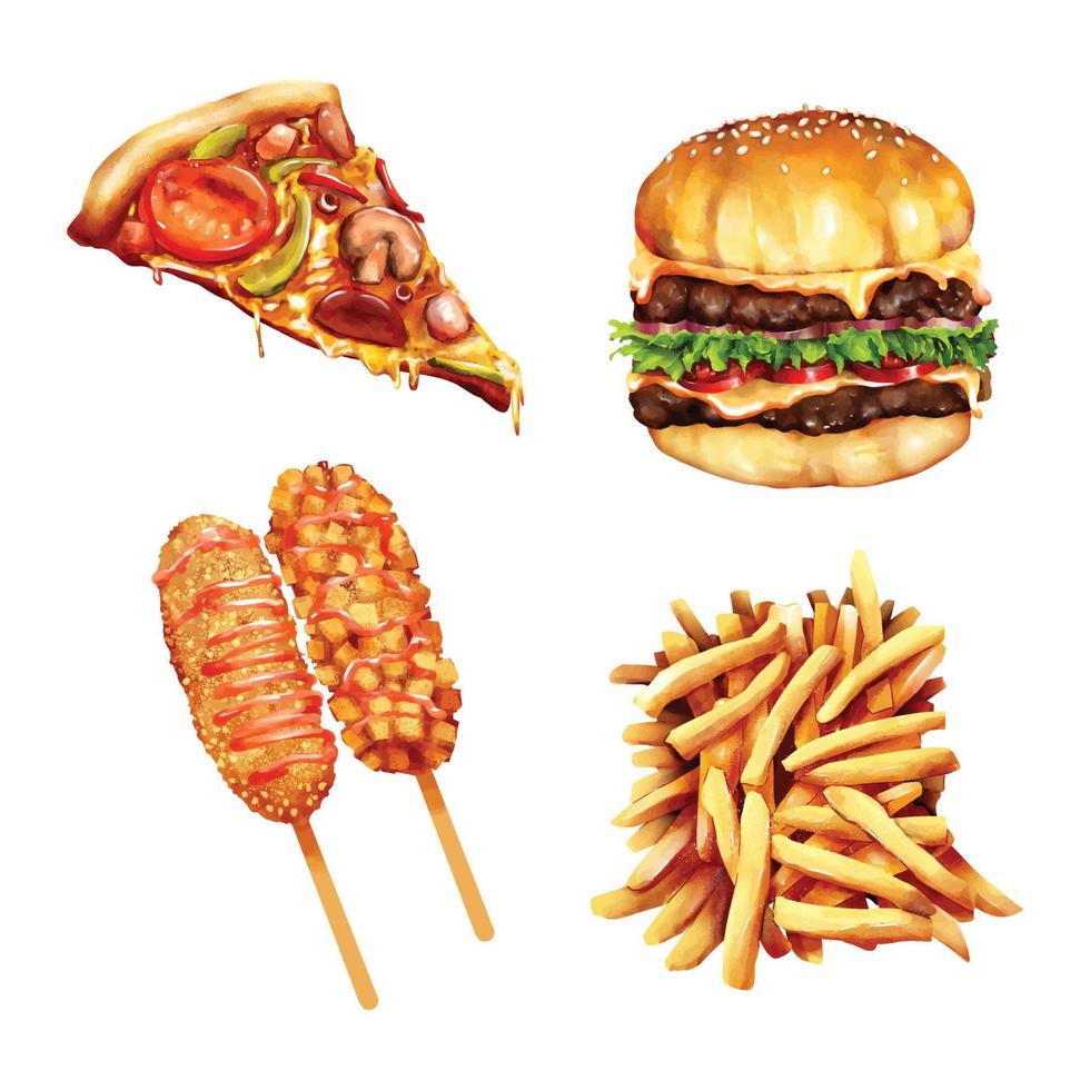 uppsättning skräpmat pizza hamburgare pommes frites corndog vattenfärg vektor illustration isolera på vitt
