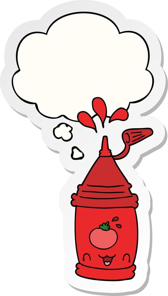 tecknad ketchupflaska och tankebubbla som ett tryckt klistermärke vektor