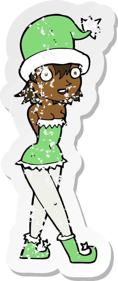 Retro-Distressed-Aufkleber einer Cartoon-Frau im Weihnachtself-Kostüm vektor