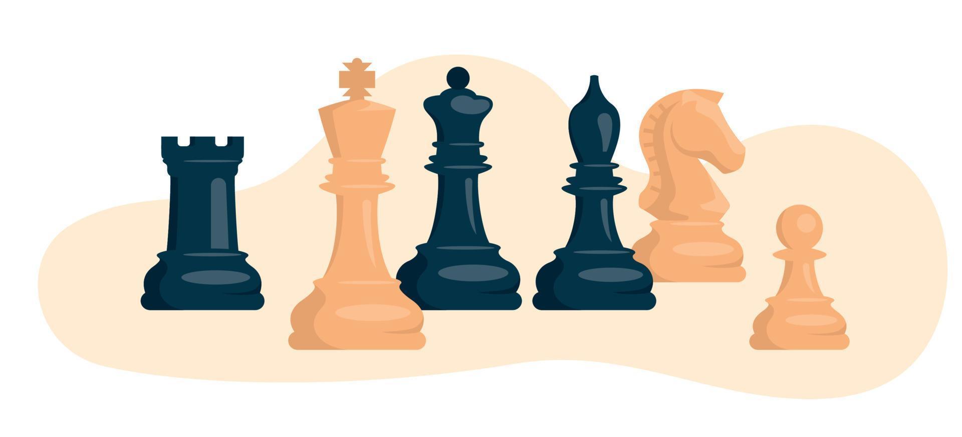 Schach. Set aus weißen und schwarzen Schachfiguren. Springer, Turm, Bauer, Läufer, König, Dame. Vektorbild. vektor