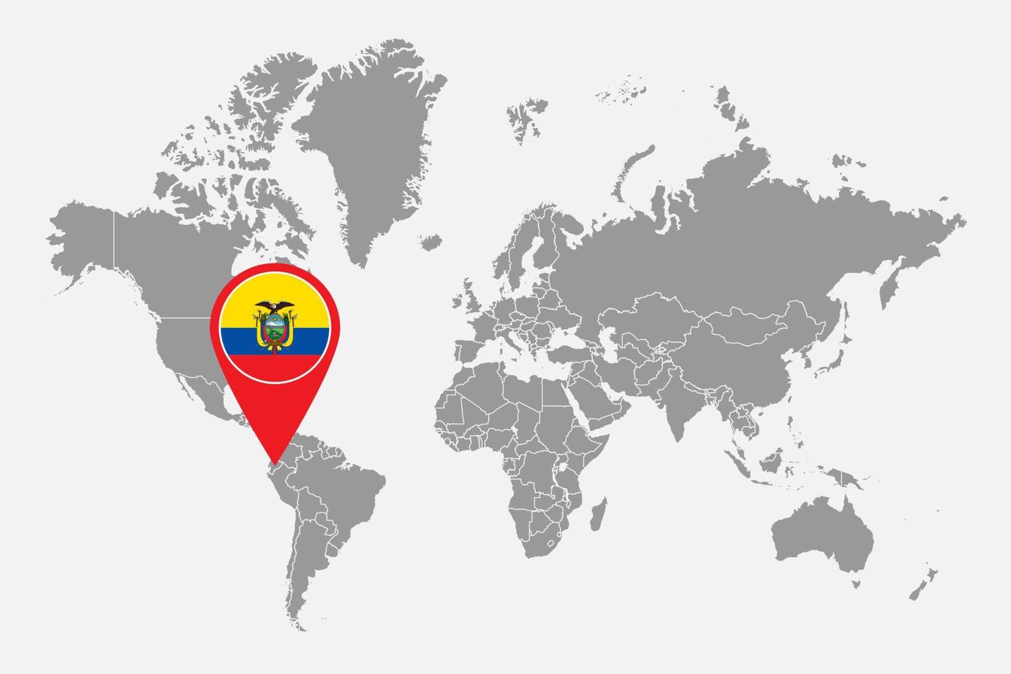 nålkarta med ecuadors flagga på världskartan. vektor illustration.