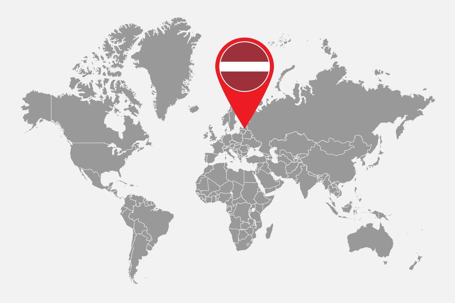 nålkarta med Lettlands flagga på världskartan. vektor illustration.