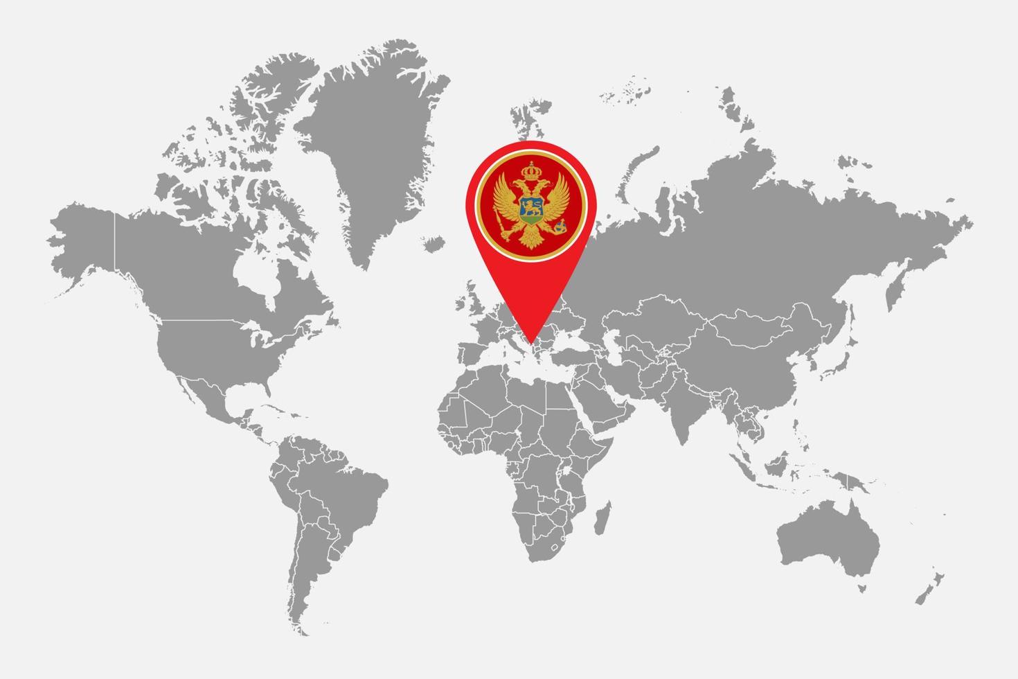 nålkarta med montenegro flagga på världskartan. vektor illustration.