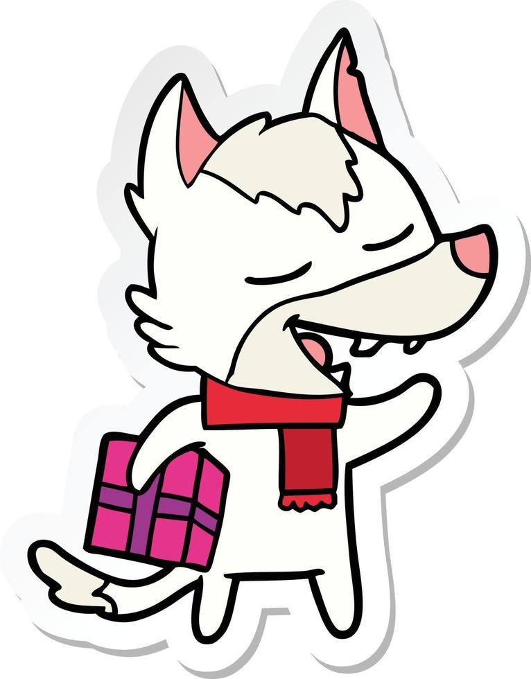 Aufkleber eines Zeichentrickwolfs mit lachendem Weihnachtsgeschenk vektor