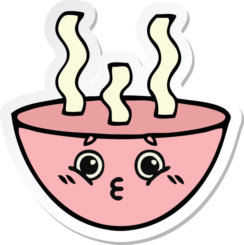 klistermärke av en söt tecknad skål med varm soppa vektor